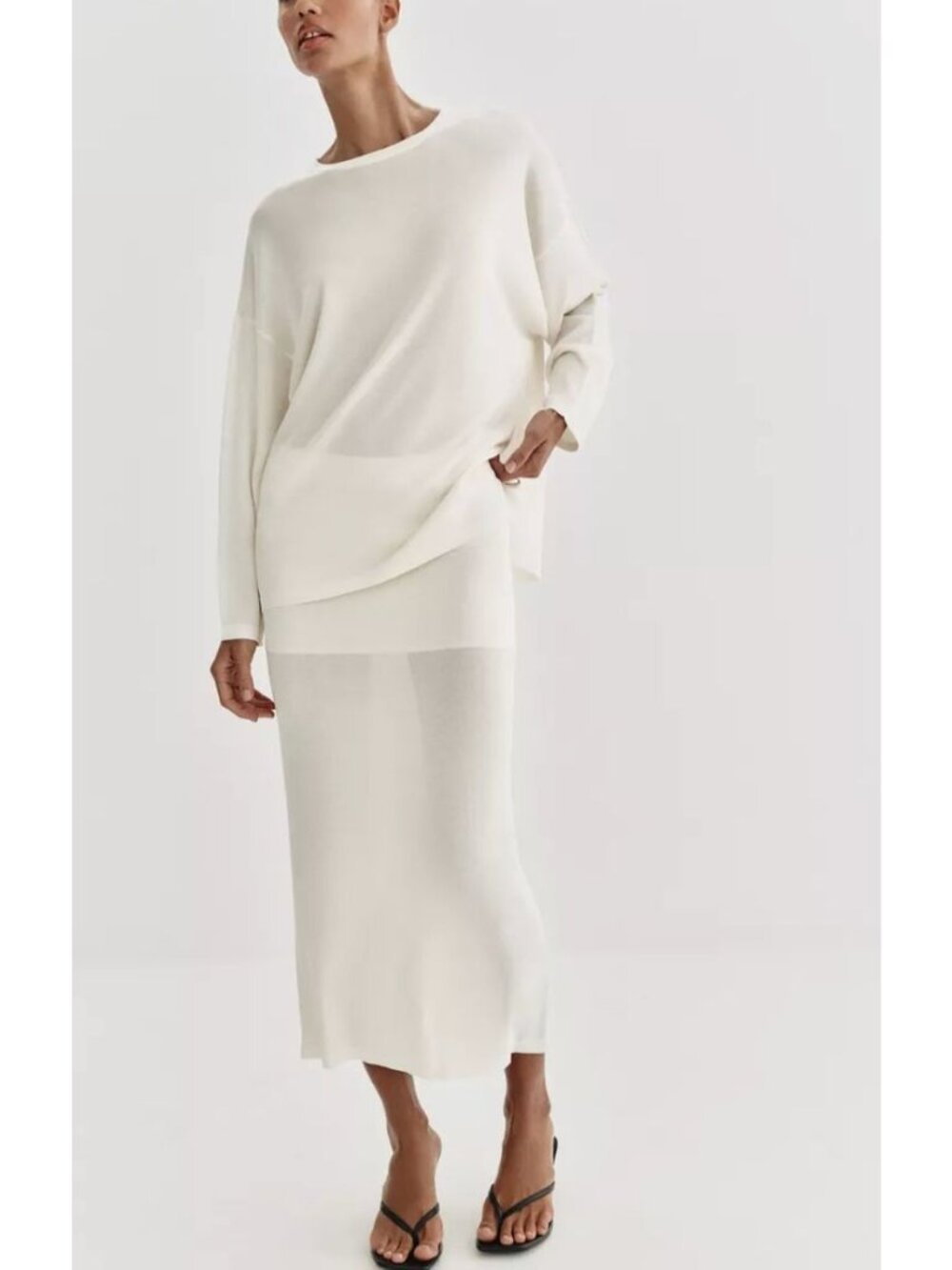ZARA Fine Knit Midi Skirt + Oversized Fine Knit Jumper White Set Size Small